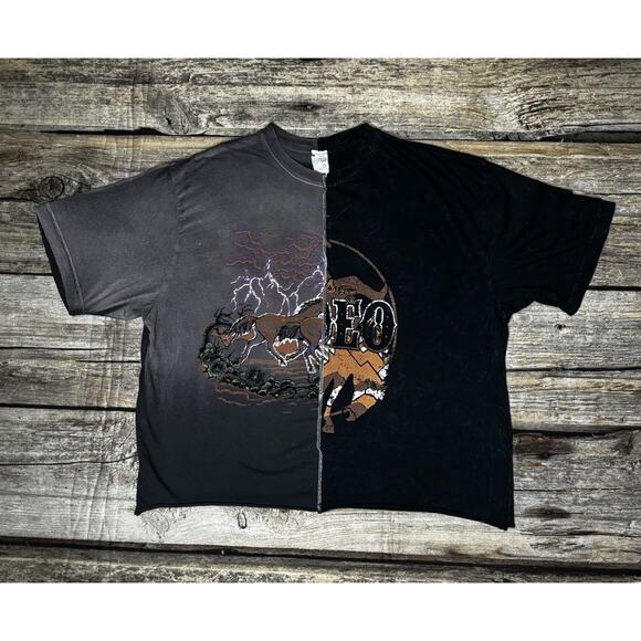 American Highway Tops - American Highway Western Lightning Sky Rodeo Split Cropped T Shirt Womens XL